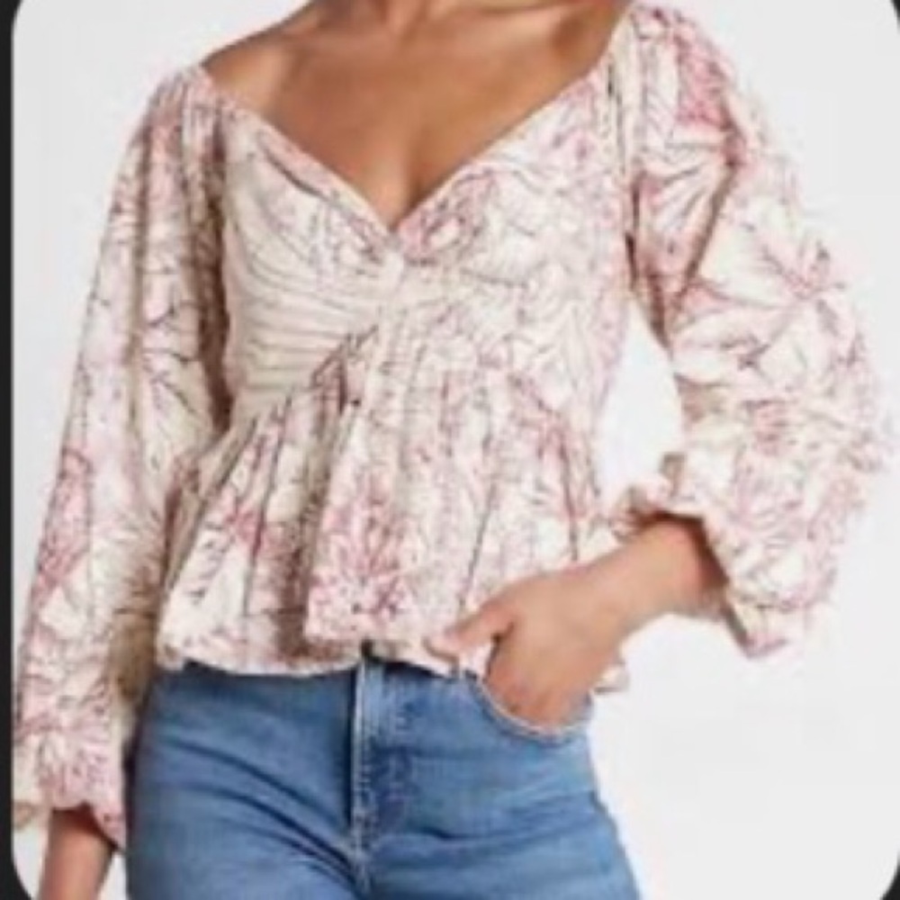 Express Pink and Cream Off-Shoulder Peplum Blouse